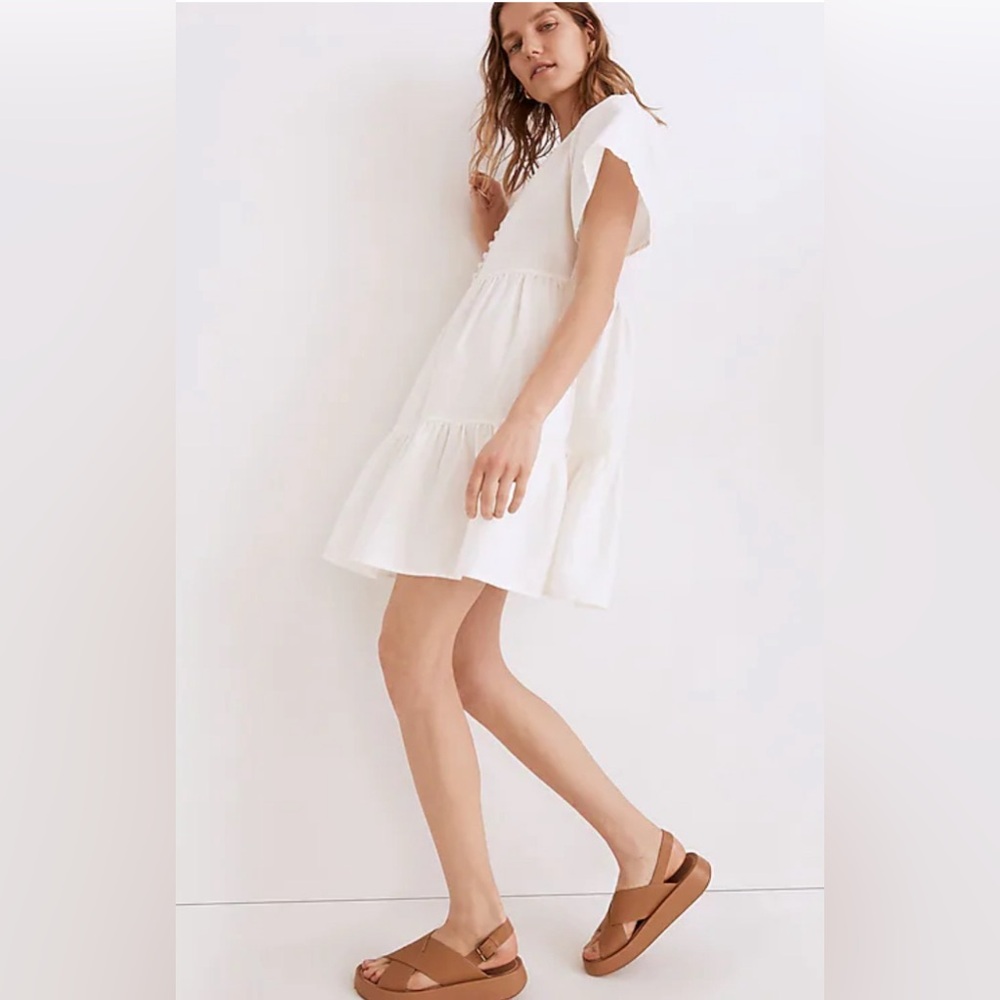 Madewell Linen-Blend Flutter-Sleeve Tiered Mini Dress in Lighthouse - S